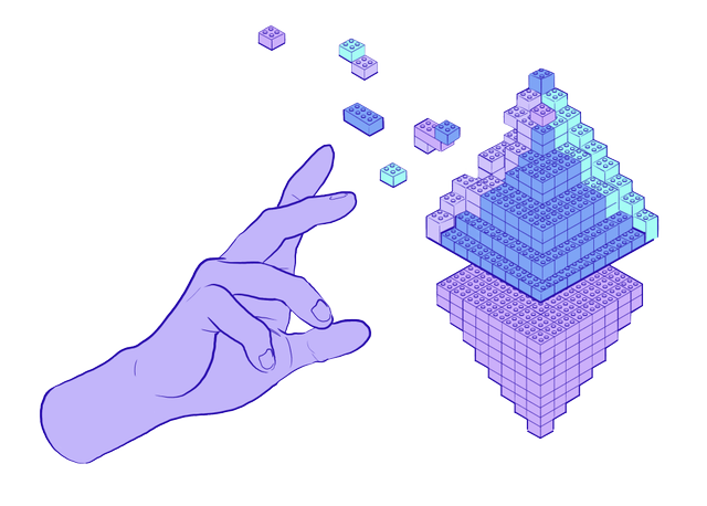 Illustration of a hand building an ETH symbol out of lego bricks.