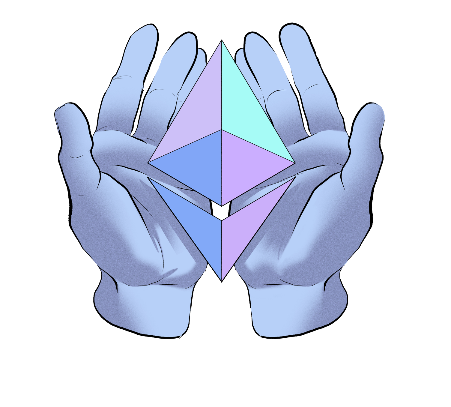 Illustration of hands offering an ETH symbol.